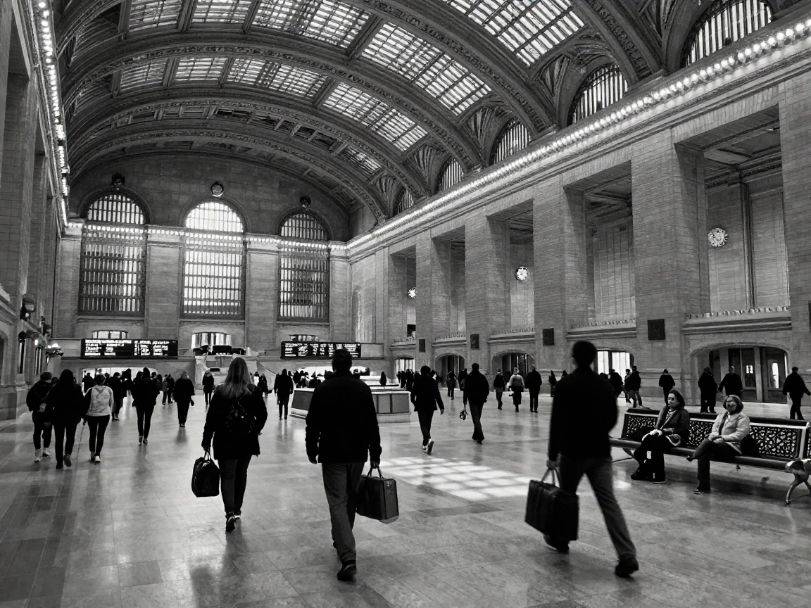 A grand train station echoes with the sound of departures beneath a vaulted glass ceiling.