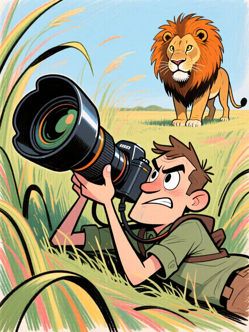A wildlife photographer lying flat in tall grass, telephoto lens aimed at a distant lion.