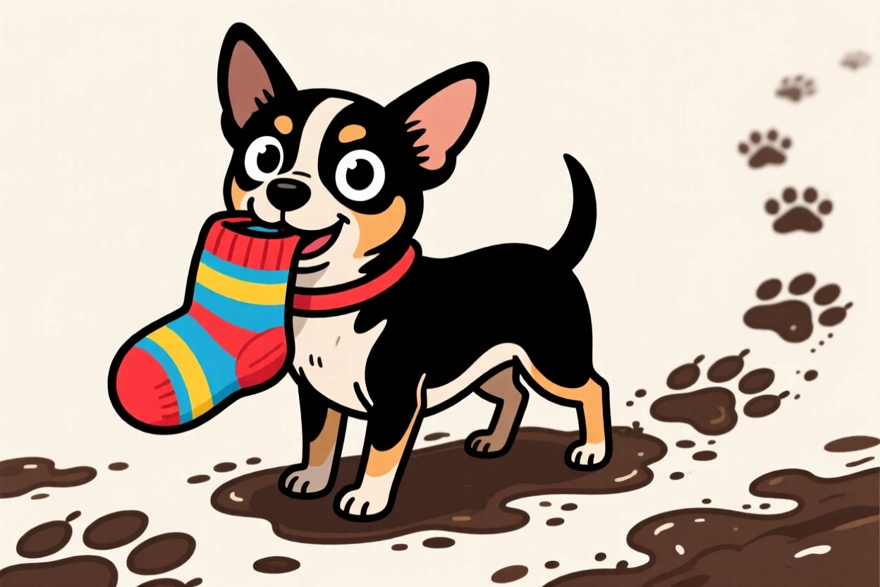 A playful pet moment featuring a wide-eyed chihuahua stealing a sock and parading it triumphantly, with muddy paw prints trailing behind.