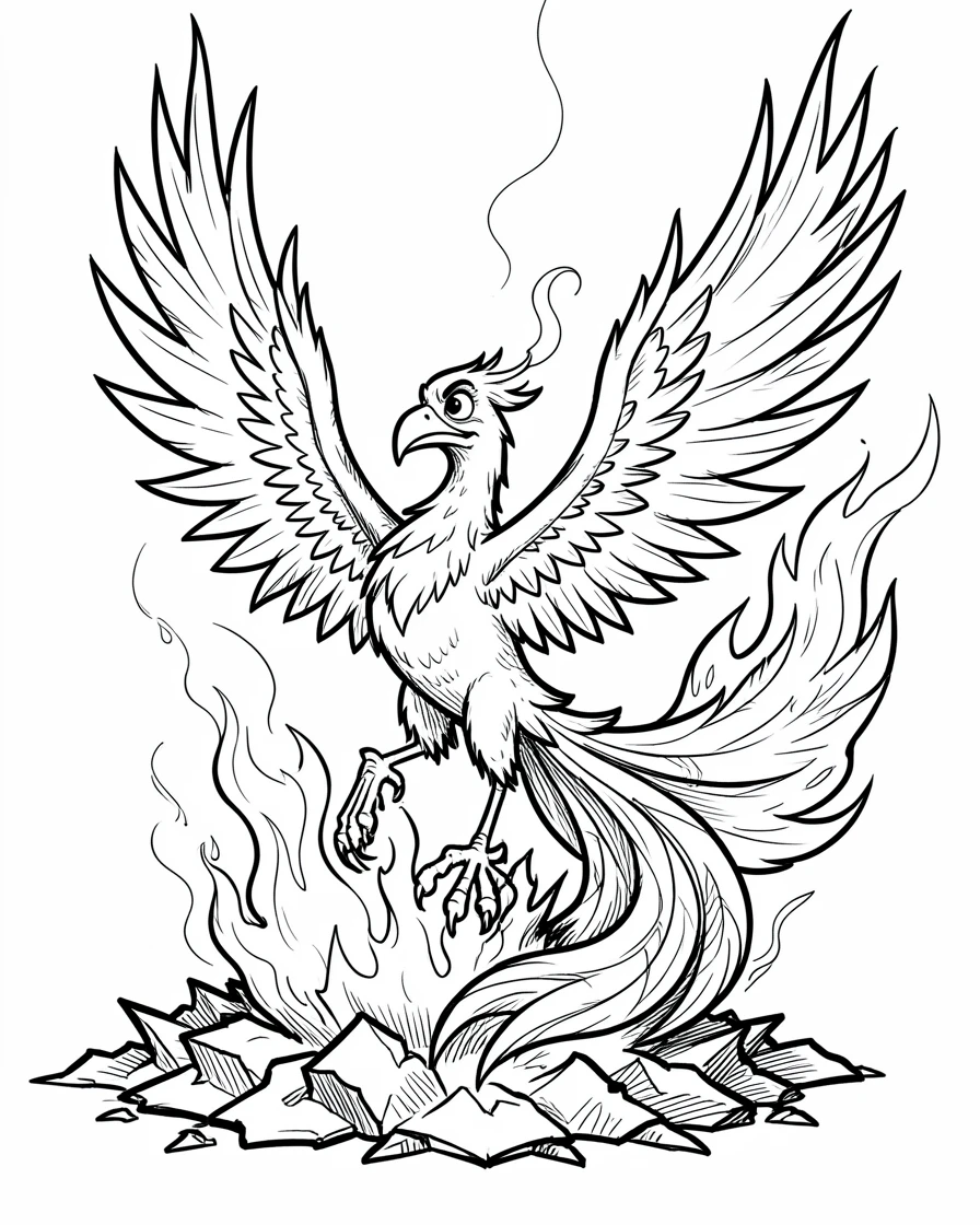 [Fantasy & Imaginative Scenarios] Imaginative fantasy scene of a phoenix rising in a blaze of fiery feathers from ashes, brimming with wonder