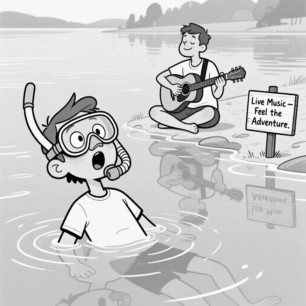 A snorkeler popping up in delighted surprise, leaning back just a little too far for safety, set floating on a calm, glassy lake. A street musician plays gently in the background. There's a light, adventurous spirit running through the moment.