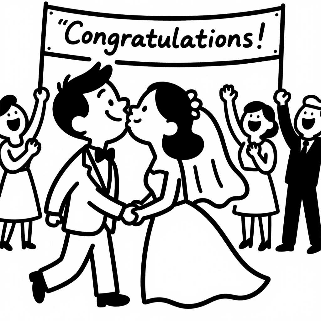 A couple sharing their first kiss as newlyweds, guests cheering behind them.
