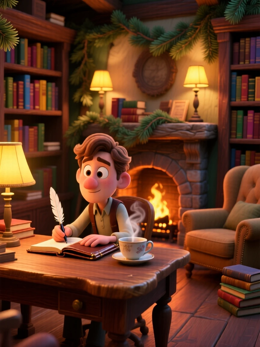 A writer sipping tea at a wooden desk sits in a small bookshop filled with warm lamplight, writing softly in a leather journal. A deep sense of comfort and quiet contentment fills the room, with pine branches decorating the mantel.