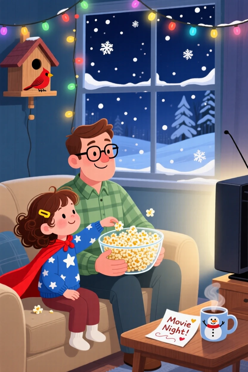 A little girl in a superhero cape spends the afternoon sharing a big bowl of popcorn during movie night with his father, while soft snow falls outside.