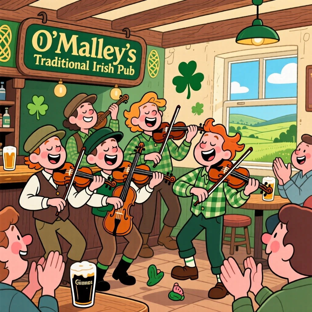 Musicians in Ireland playing fiddles together at a lively pub gathering.