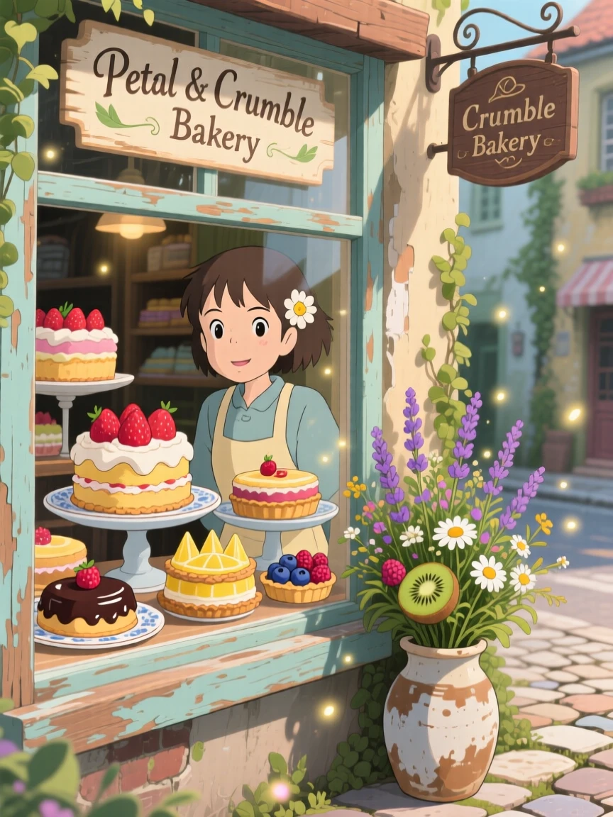 A warm, inviting scene of a small bakery window display of colorful cakes and tarts, with fresh flowers arranged nearby.