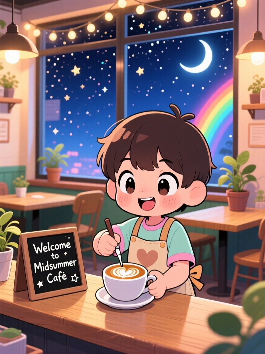 A young barista drawing a heart in latte foam in a warm cozy café under a starry midsummer night sky; bright rainbow-tinted light washes over the scene as curious excitement fills the moment. Three-quarter view.
