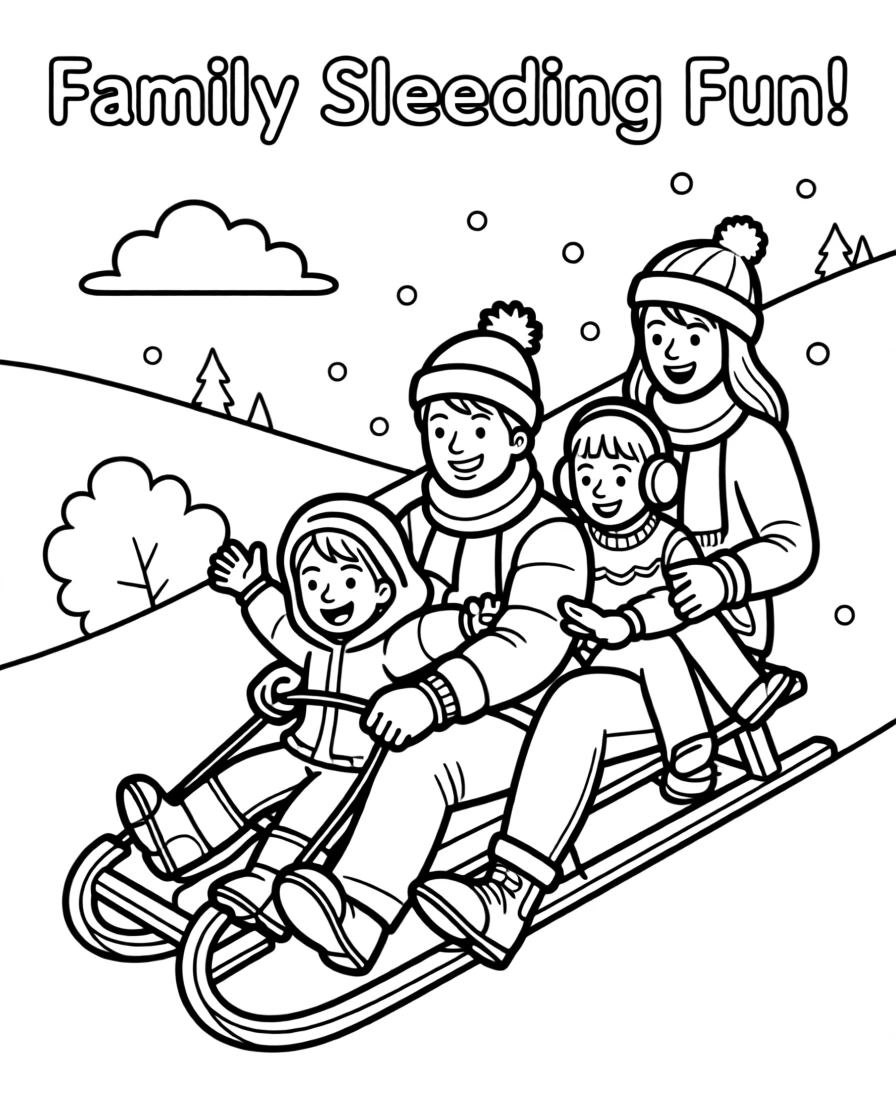 A family sledding down a snowy hill together