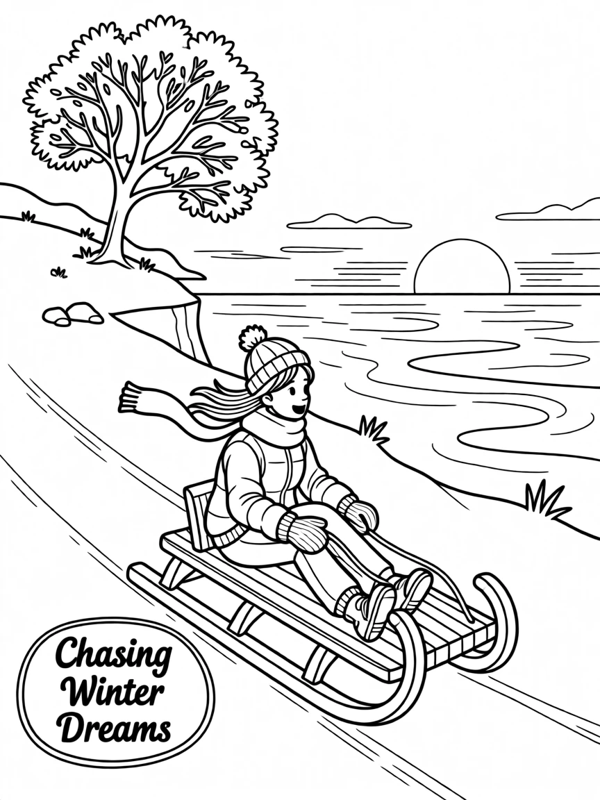 A sled racing down a snowy hill, a hazy sunset melting into shades of orange over the sea.