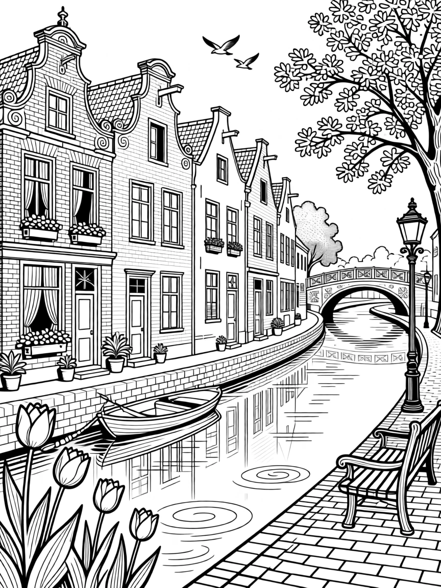 A canal house district decked with tulips.