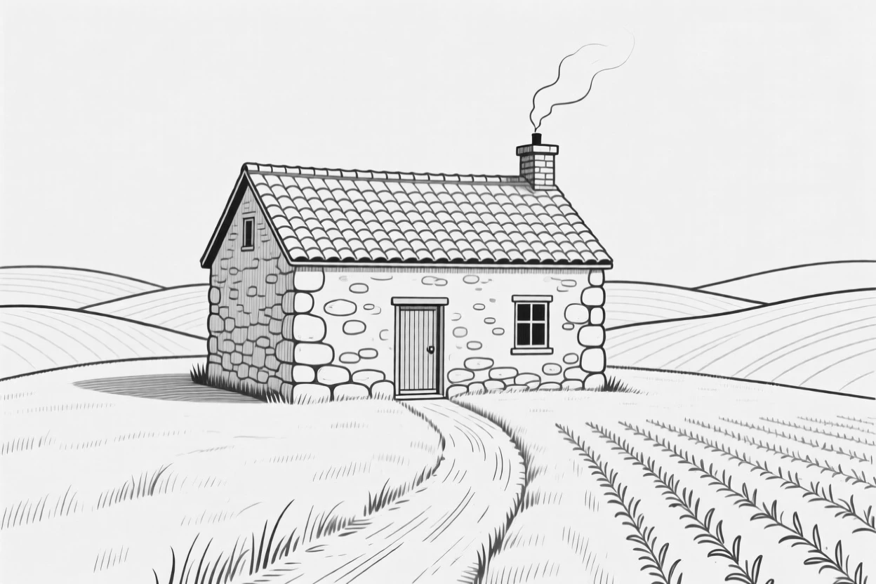 A rustic stone farmhouse surrounded by rolling fields