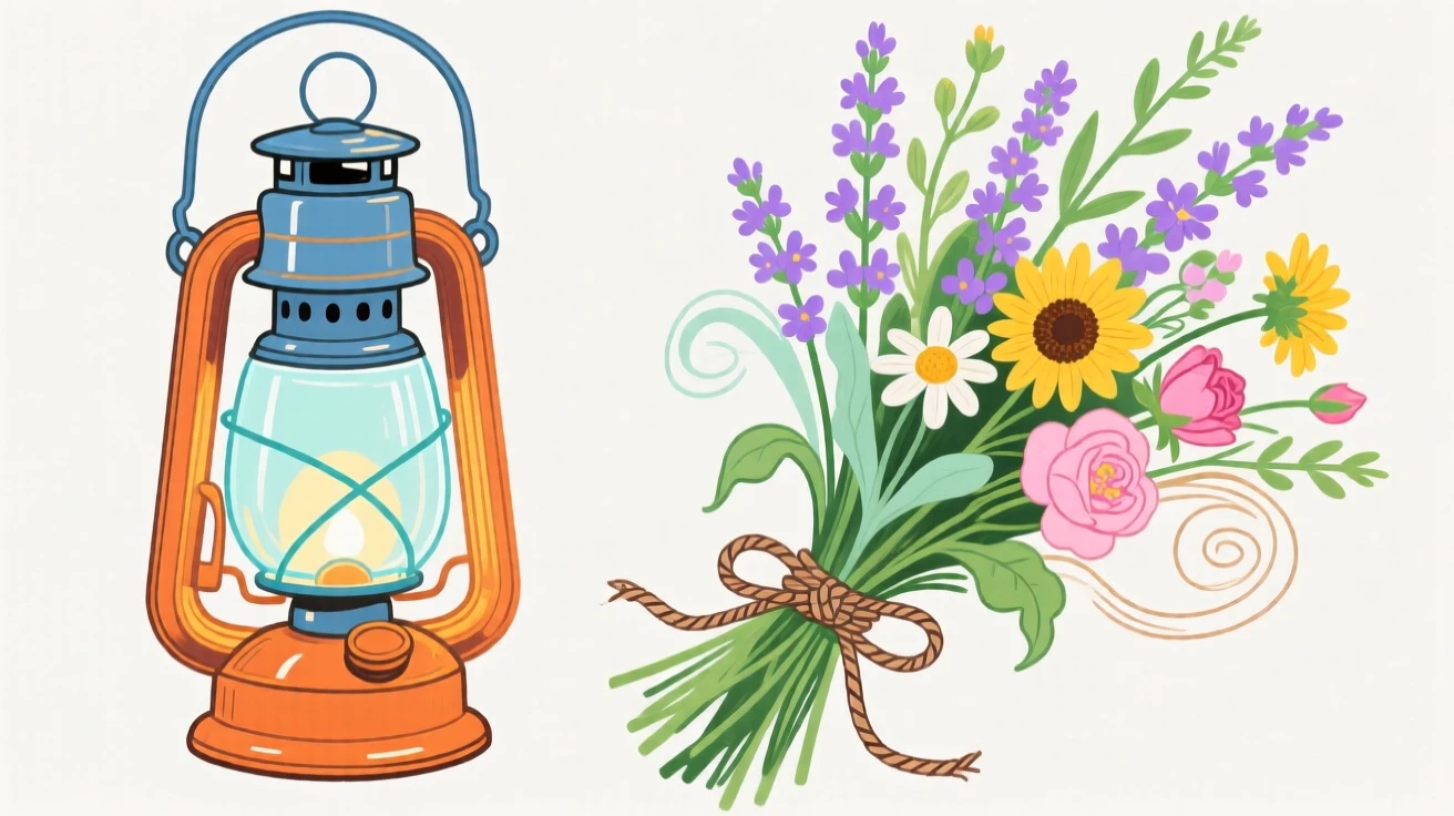 A vintage lantern beside a bundle of wildflowers.