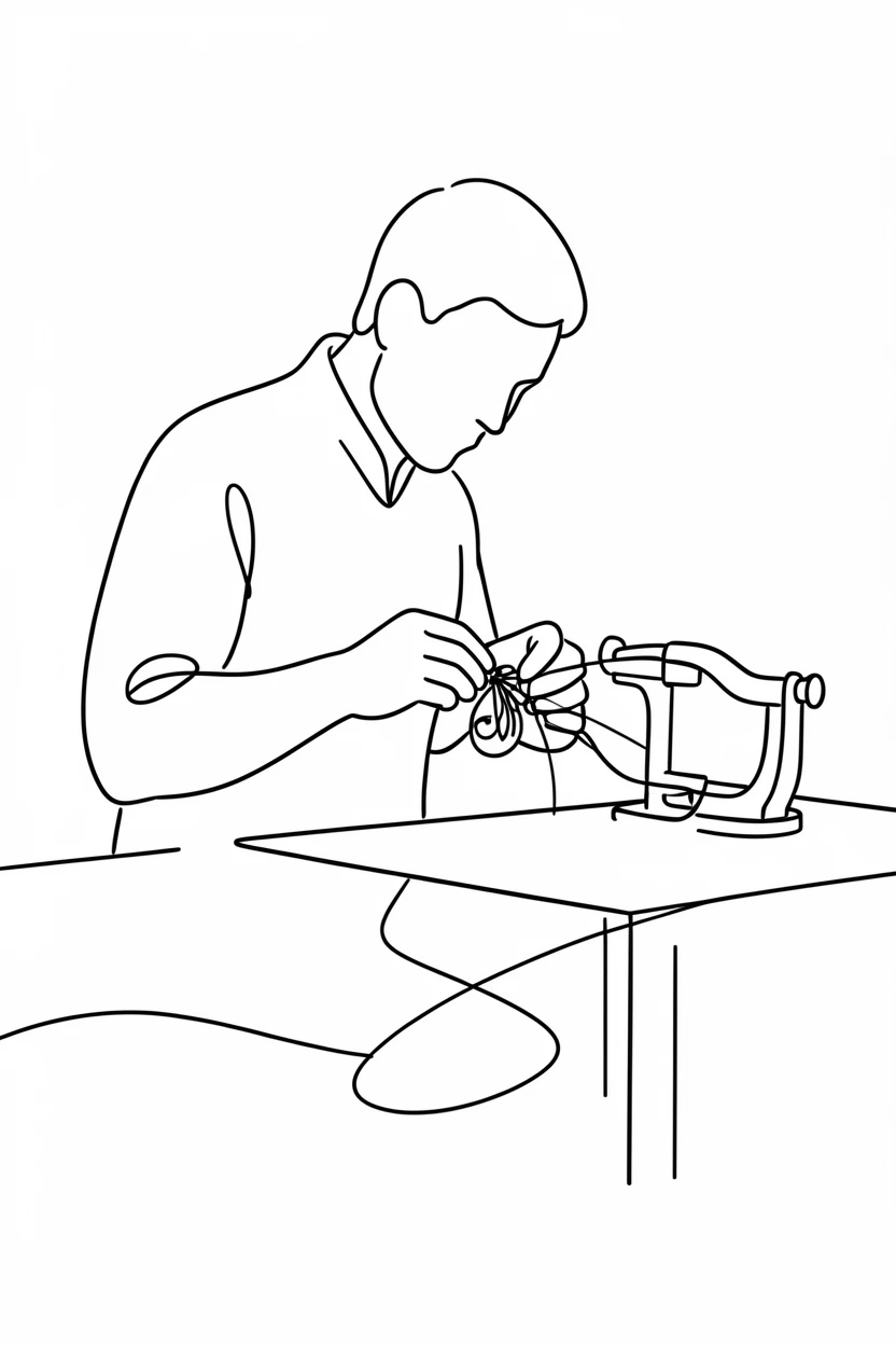 A fly fisherman tying an intricate lure at a riverside table