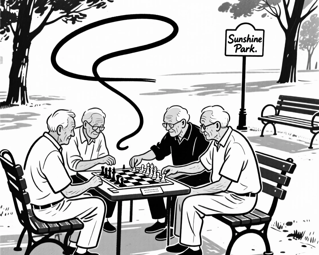 A group of elderly friends playing chess in a sunny park.