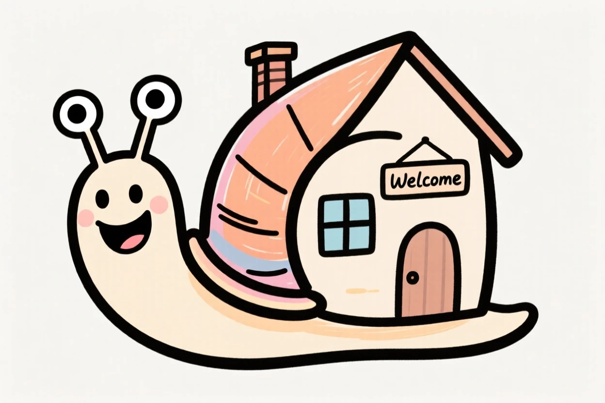 A cheerful cartoon snail carrying a tiny house-shaped shell.