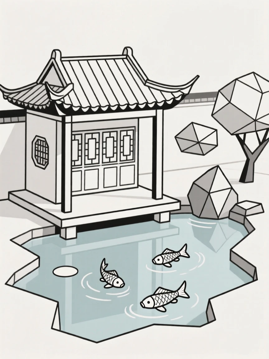 A traditional Chinese garden pavilion beside a koi pond