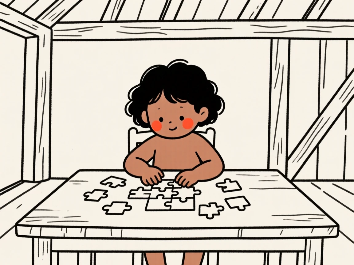 A small child of Hawaiian heritage assembling a jigsaw puzzle at the table, in a rustic barn.