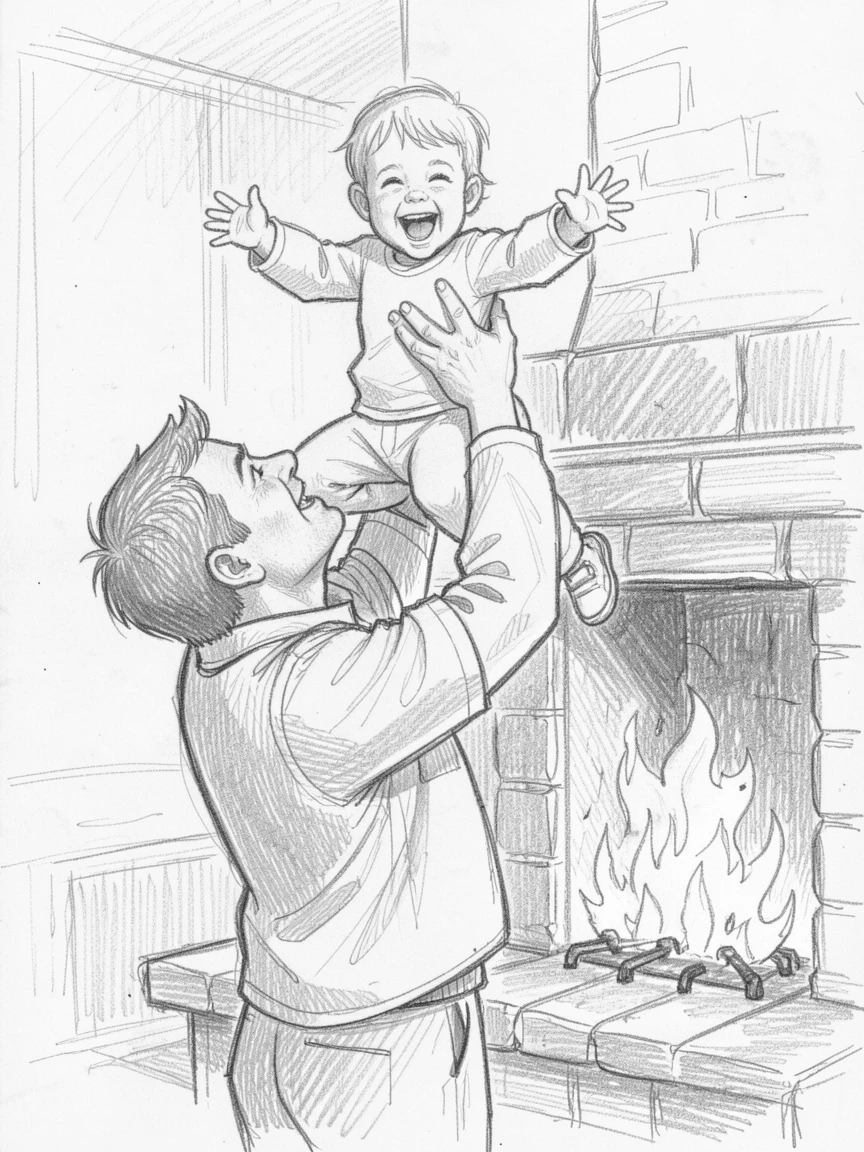 An emotional scene of a father lifting his laughing toddler into the air around a crackling fireplace, captured in a tender, unguarded moment.