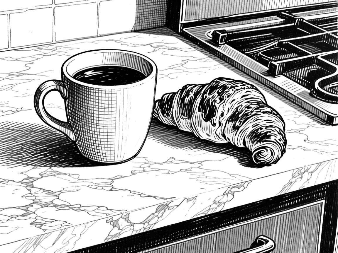 A cup of coffee beside a croissant arranged on a marble kitchen counter, with the rich texture of the crust visible in detail, presented in a cozy and satisfying culinary still life.