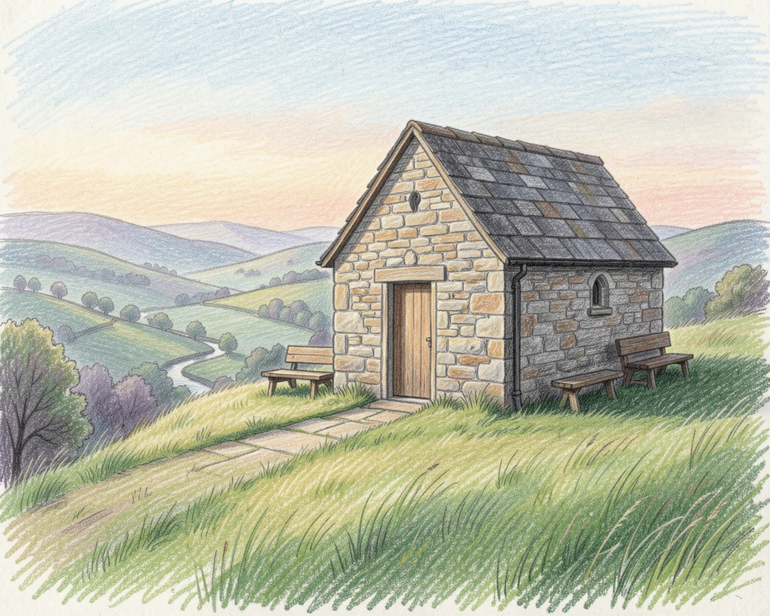 A small stone chapel on a hilltop overlooking a quiet valley, with a gentle play of light and shadow across the composition, evoking warmth, beauty, and a lasting sense of wonder.