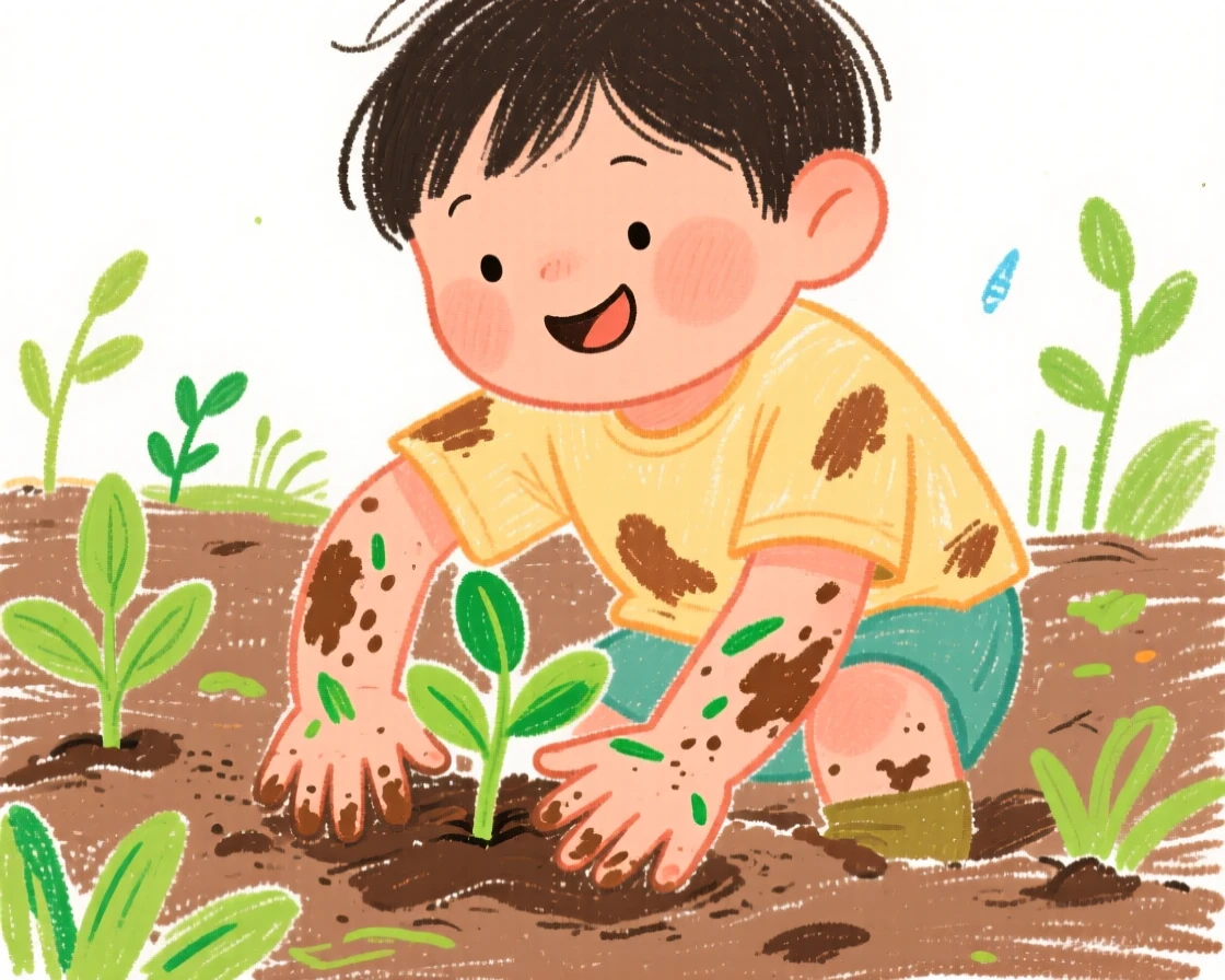 A young child planting seedlings in a garden with muddy hands.