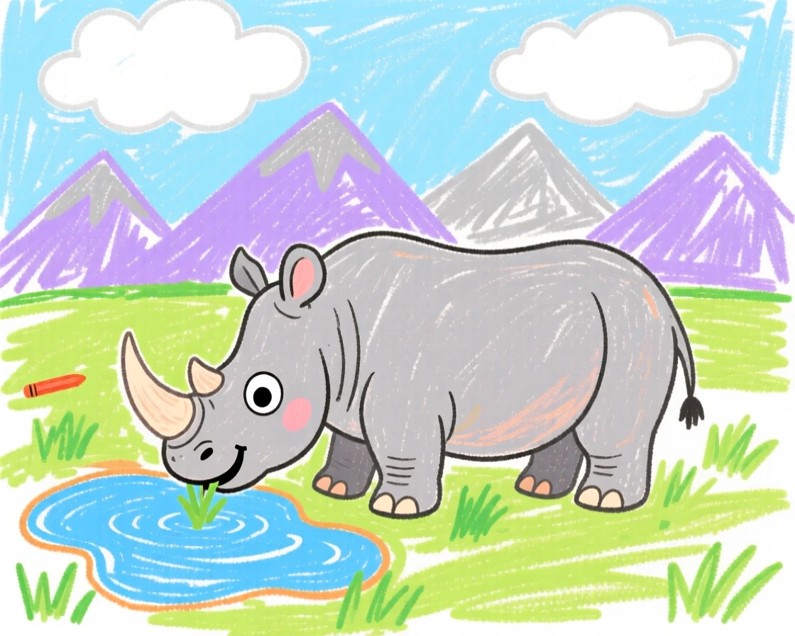 A rhinoceros grazing near a watering hole as clouds drift over distant mountains.