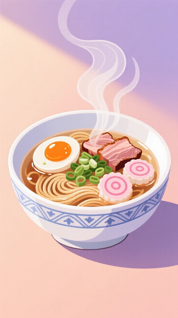A steaming bowl of ramen topped with soft-boiled egg, set against a soft pastel backdrop, composed with soft natural light enhancing texture, with glossy highlights that make the dish look freshly made.