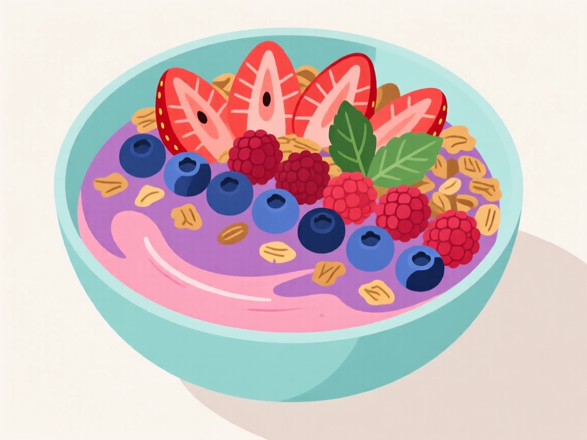 A colorful smoothie bowl topped with fresh berries and granola.