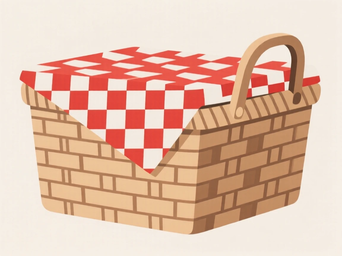 A woven picnic basket with a checkered cloth