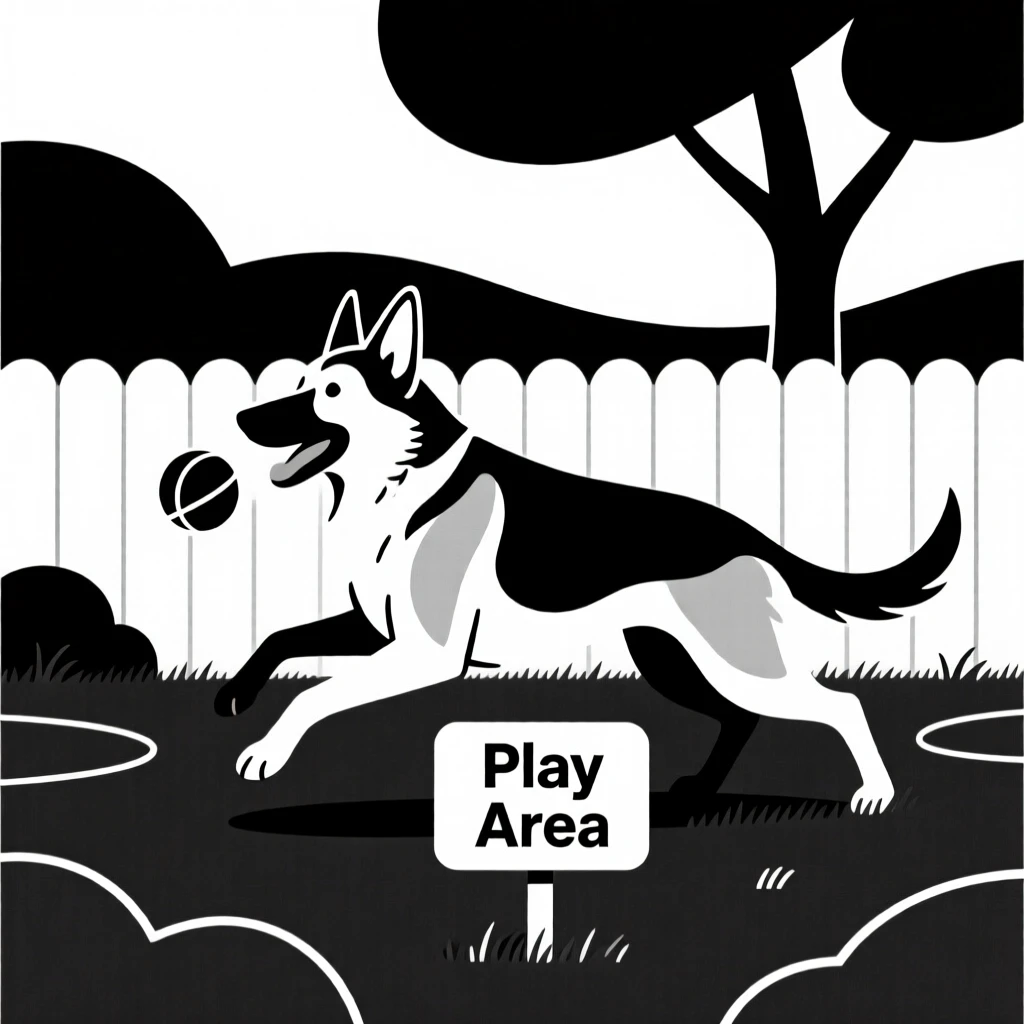 A loyal German shepherd playing fetch in a backyard.