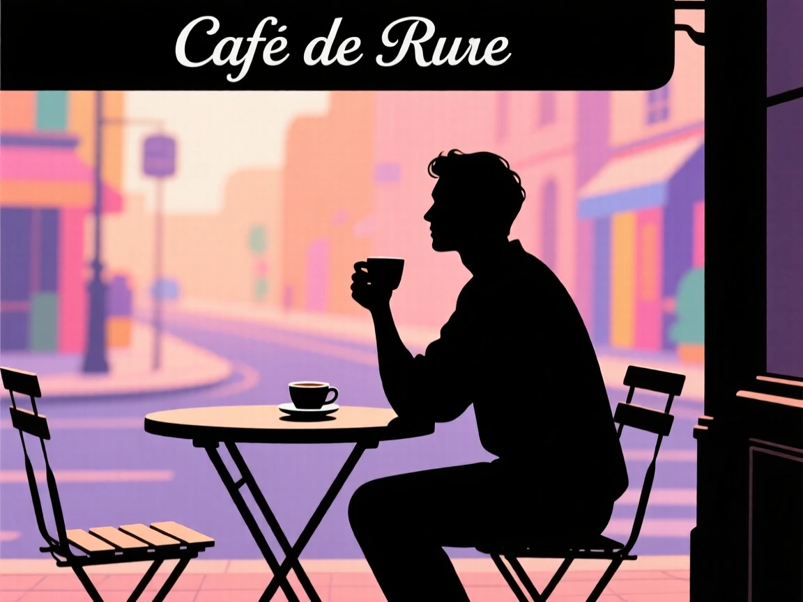 A person sitting at a cafe table, coffee in hand, watching the street go by.