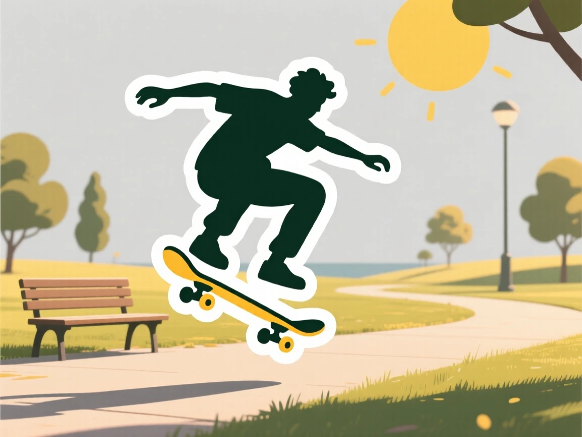 A peacefully immersed skateboarder doing a trick in a sunny park, captured mid-motion during their favorite activity, on a quiet weekend afternoon.