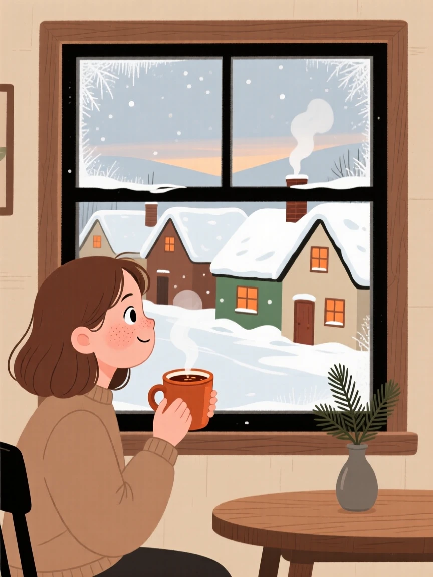 Snow blankets a row of cottage rooftops while a young woman watches from a frosted window, a mug of spiced cider warming their hands.