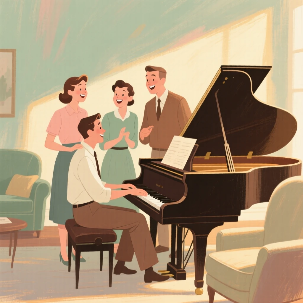 Friends gathered around a piano singing together in a parlor