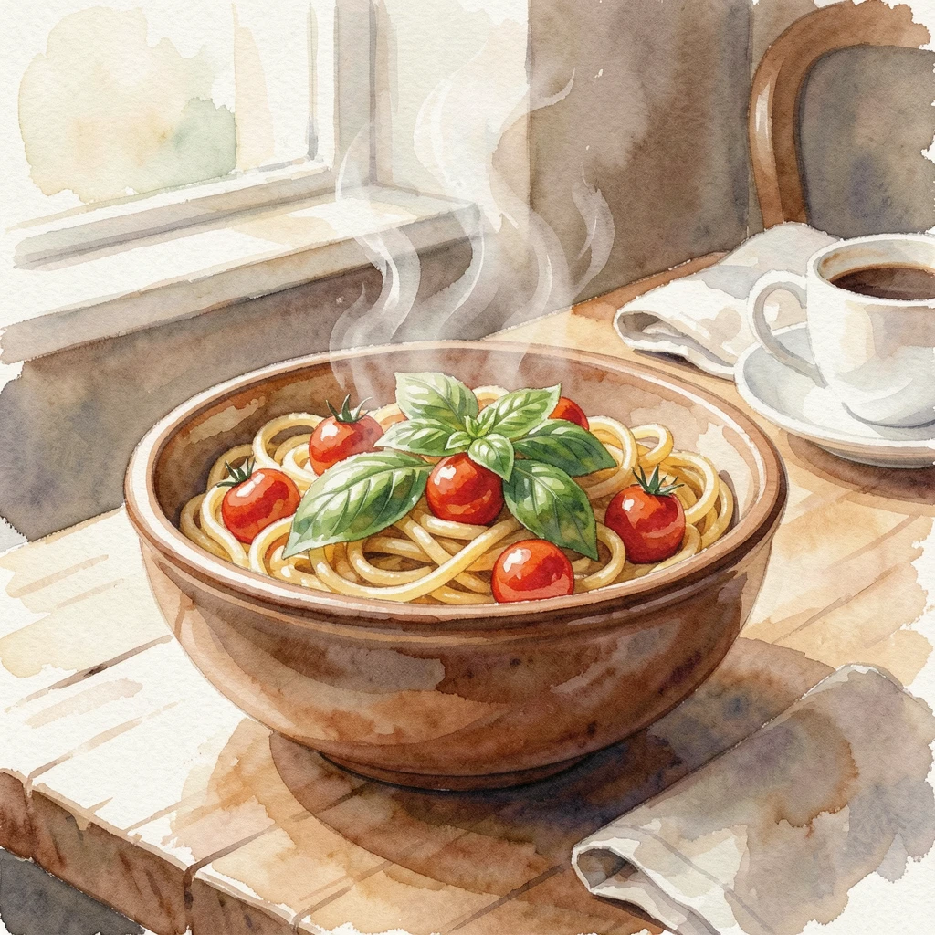 A bowl of pasta with fresh basil and tomatoes in a cozy cafe setting.