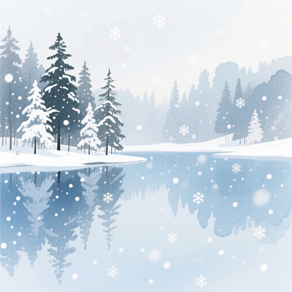A serene view of a still forest lake, while snow falls in soft, silent flakes, evoking calm and quiet reflection