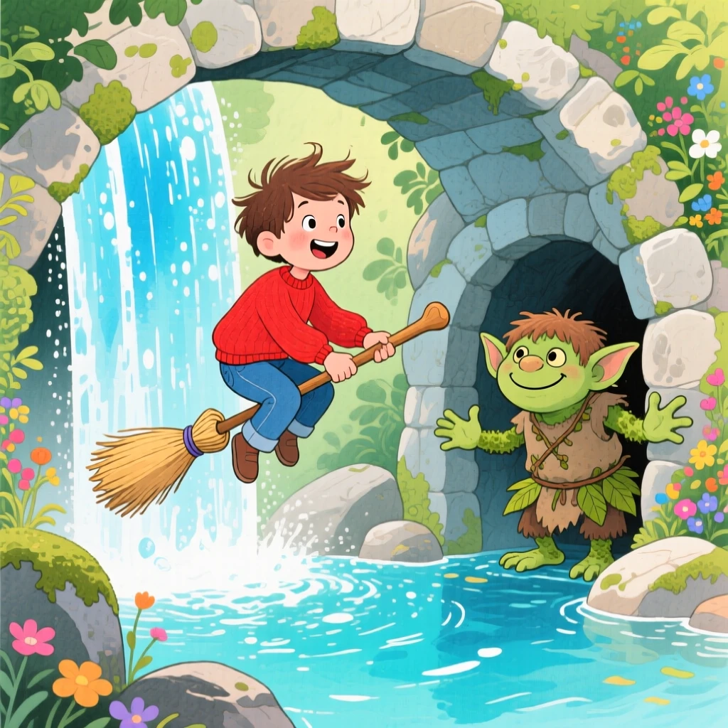 A boy riding a toy broomstick discovering a sparkling waterfall grotto for the first time, greeted by a friendly troll under a bridge.