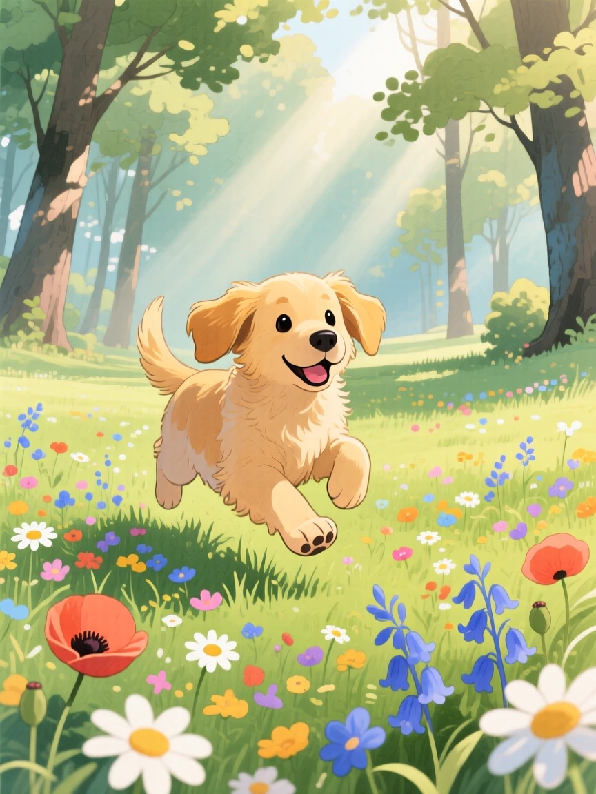 A golden retriever puppy hopping through a meadow of wildflowers, set in a quiet forest clearing dappled with sunlight, capturing a fleeting moment of quiet contentment.