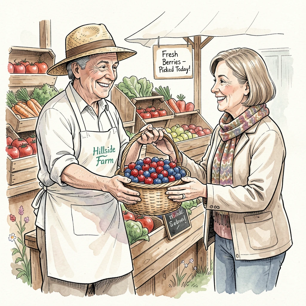 A farmer's market vendor handing a customer a basket of fresh berries, small details hinting at the story behind the moment.