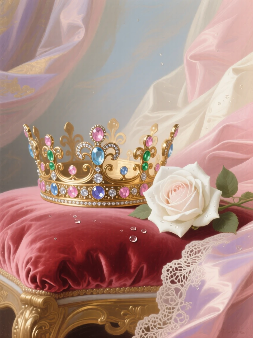 A jeweled crown resting on velvet beside a single white rose  