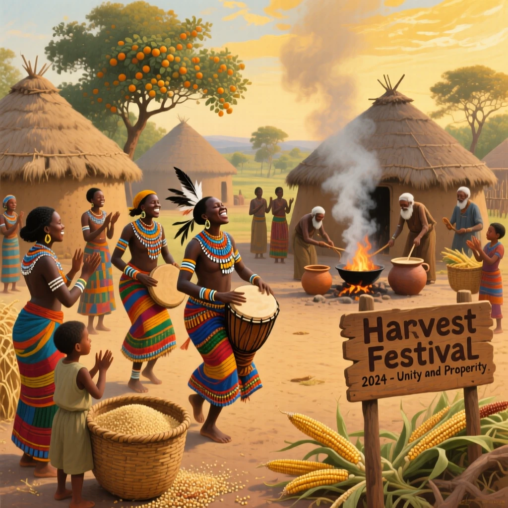 A tribal African village gathering for a joyful harvest celebration, as onlookers in traditional dress watch the scene unfold, bringing a vivid, immersive moment of history to life