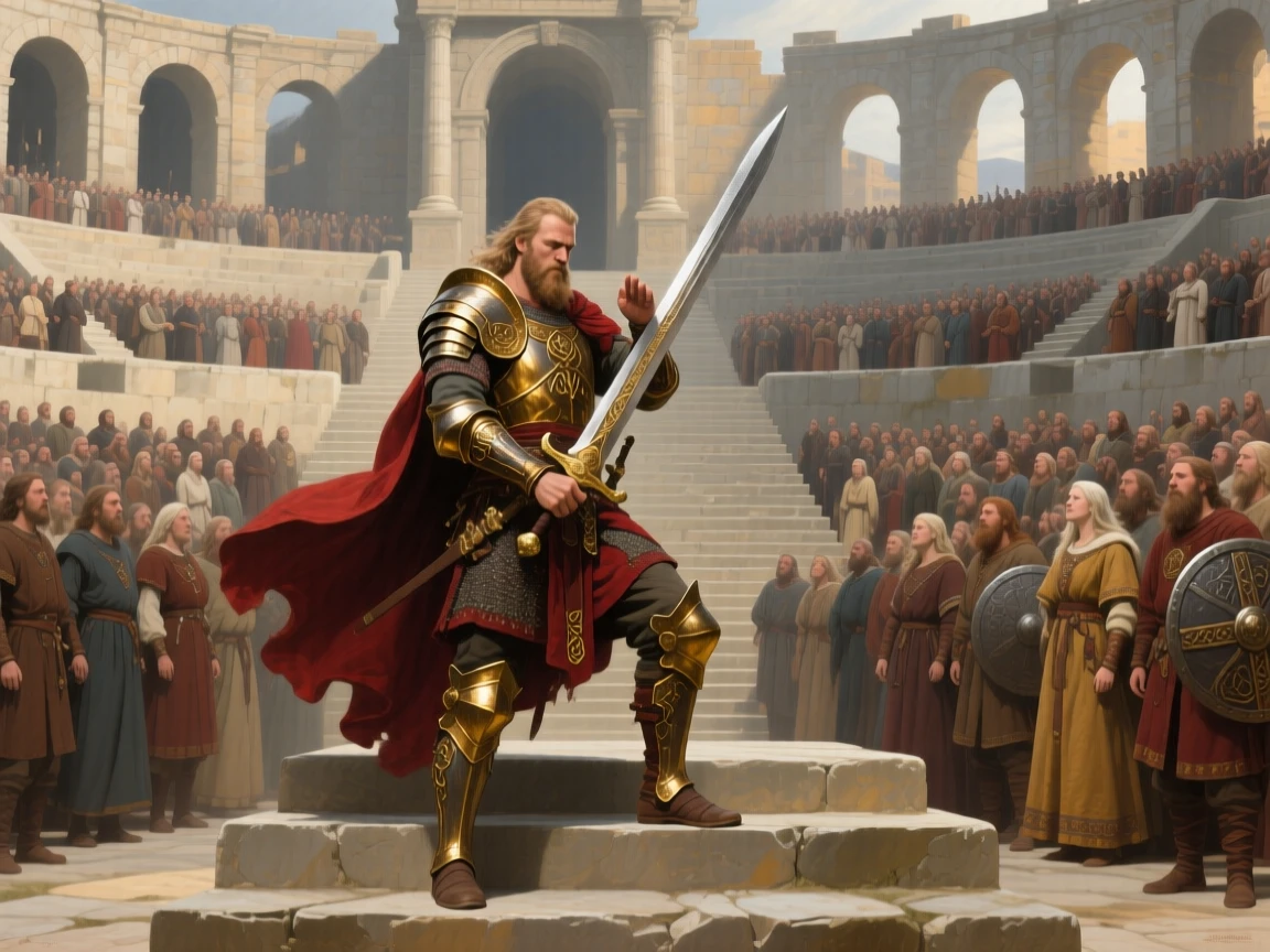 A Viking chieftain swearing an oath over crossed swords at the exact instant fate is sealed, set on the steps of a grand amphitheater filled with spectators, with gilded armor catching the light and rich fabrics billowing in the wind; the crowd forms a natural frame around the central action, radiating triumph tempered by solemn sacrifice.