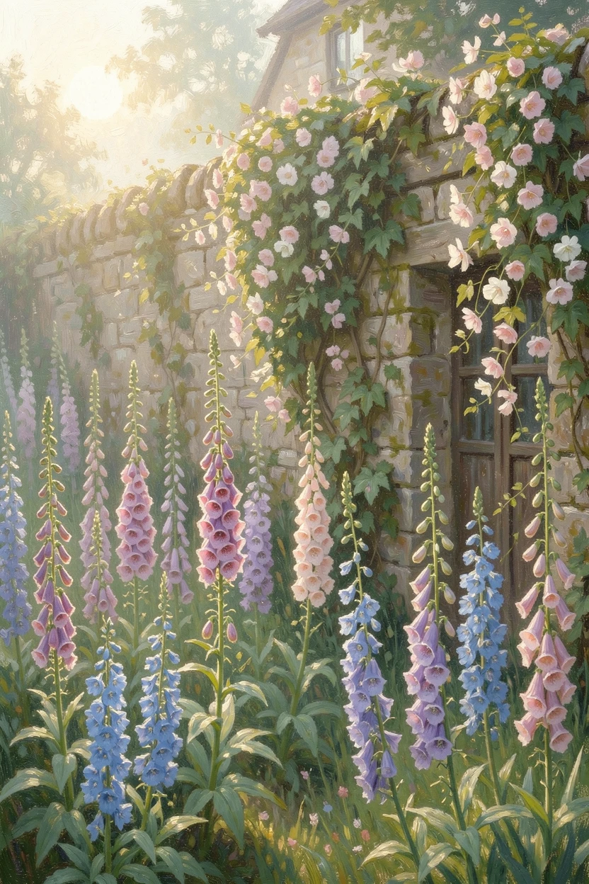 A cottage garden overflowing with foxgloves, delphiniums, and climbing sweet peas along a stone wall, in the gentle hush of early morning.