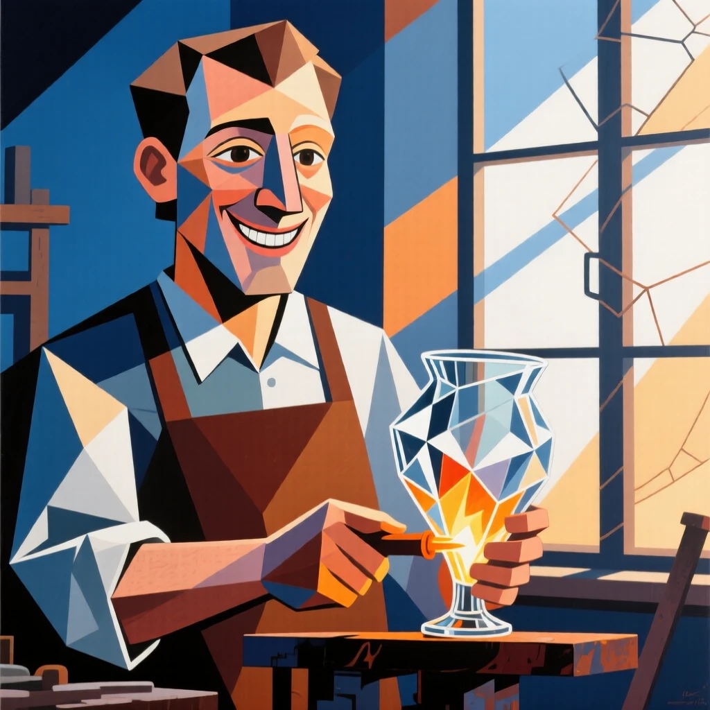 A candid medium shot of a glassblower smiling gently as morning light spills through tall windows.
