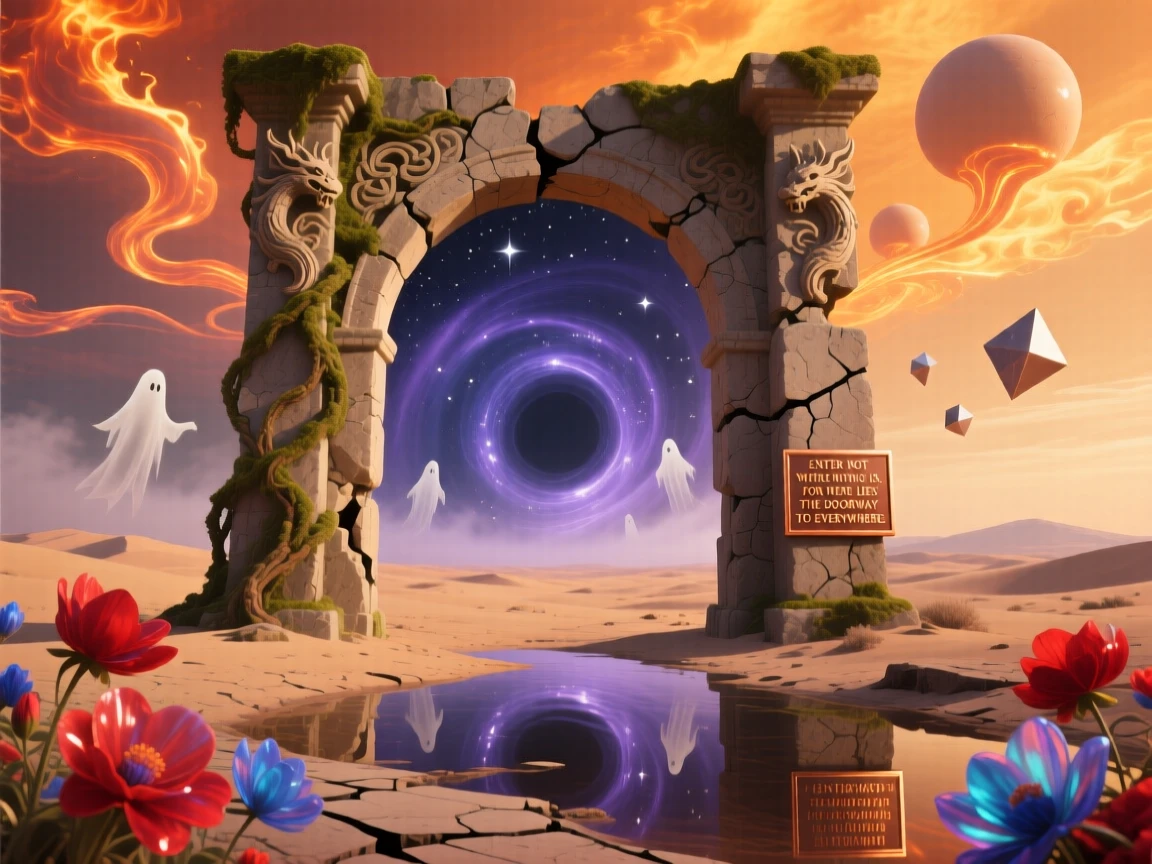 A stone archway framing a doorway to nowhere stands silent beneath a sky the color of amber, while a soft golden light seeps from every crack.