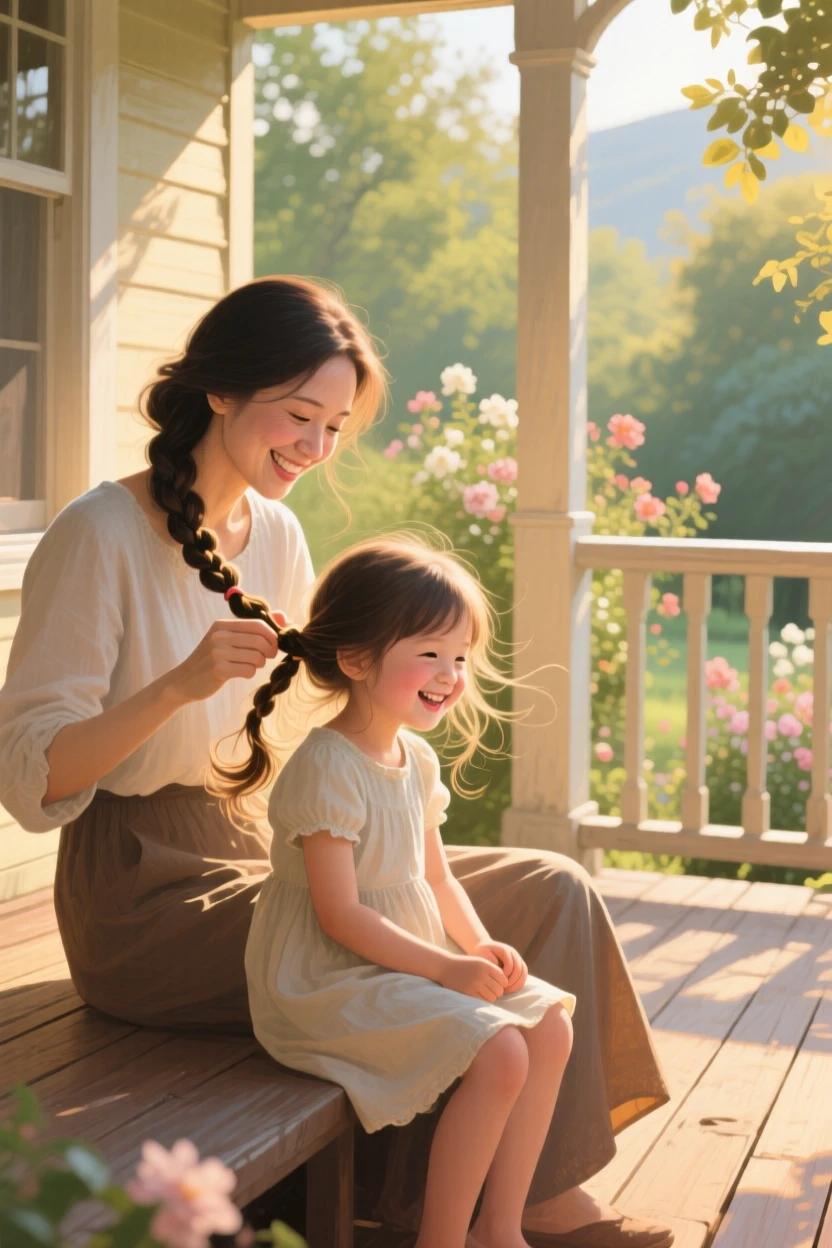 A mother braids her daughter's hair on a sunlit porch, both smiling as morning light catches loose strands drifting in the breeze, the surrounding environment framing them naturally without overwhelming the human focus of the scene.
