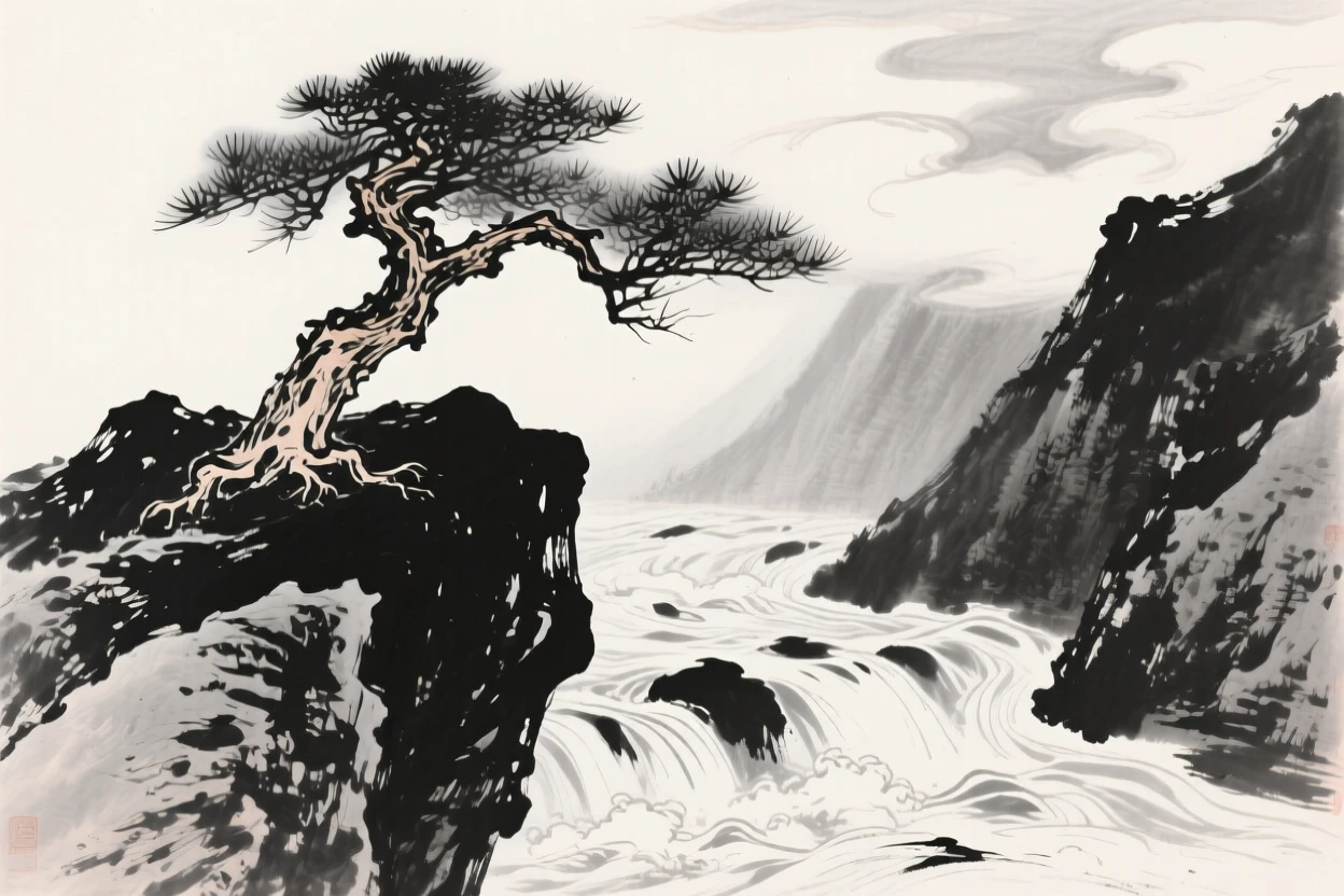 A pine tree clings to a boulder beside a rushing mountain stream, as clouds drift slowly through the valley below.