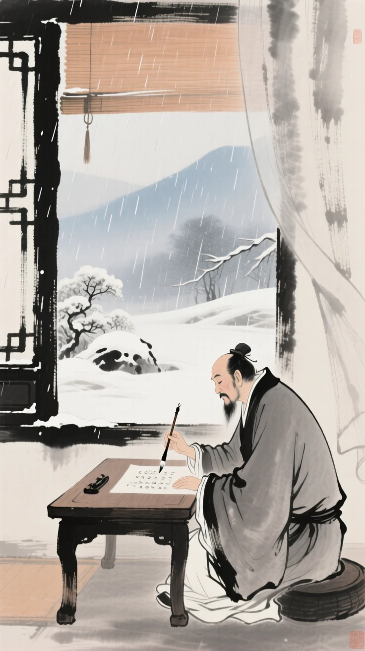 A scholar seated at a low table composing poetry beside an open window, through a curtain of fine rain, under the first snow of winter, full of quiet reverence.