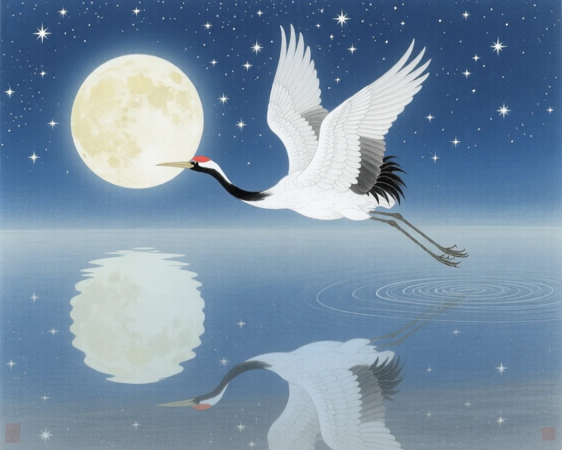 A starry sky reflected in a still lake, with a single crane flying across the moon