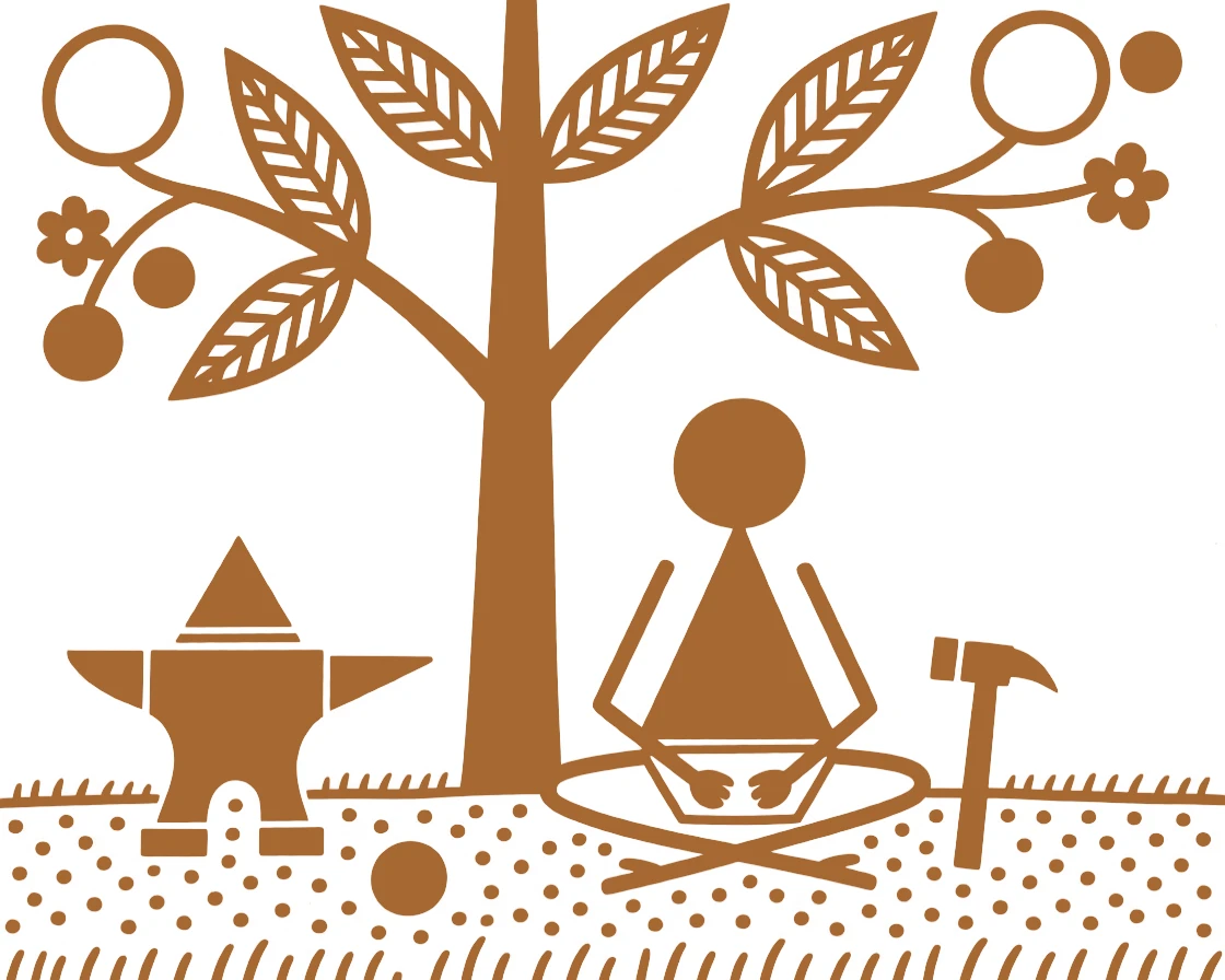 A blacksmith resting briefly under a tree during a break.